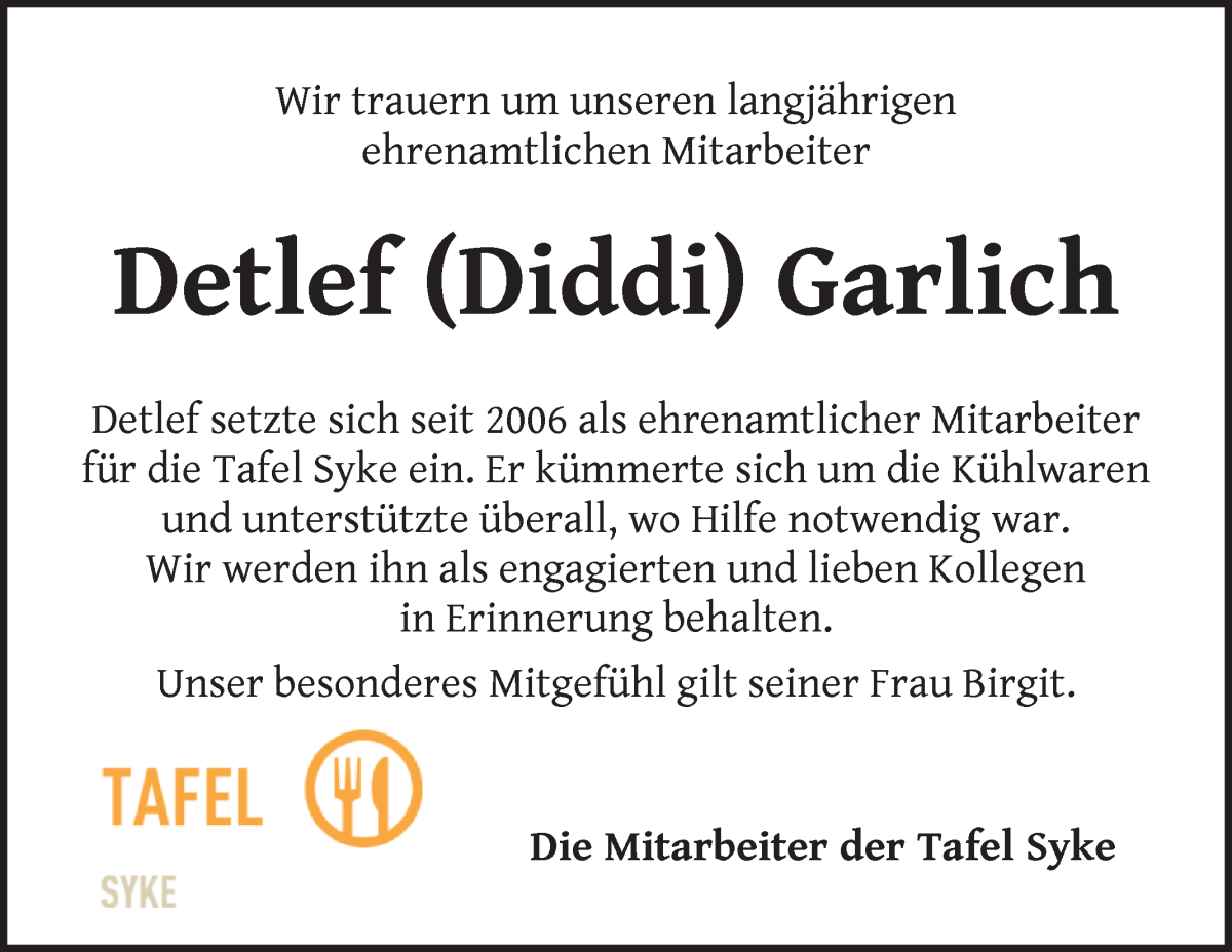 Traueranzeige von Detlef Garlich von Regionale Rundschau/Syker Kurier