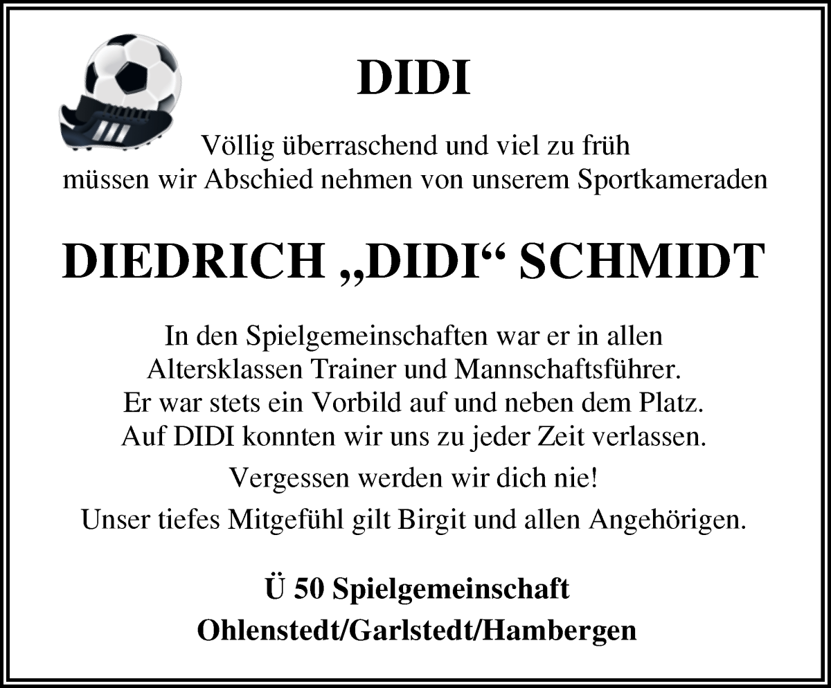 Traueranzeige von Diedrich Schmidt von Osterholzer Kreisblatt