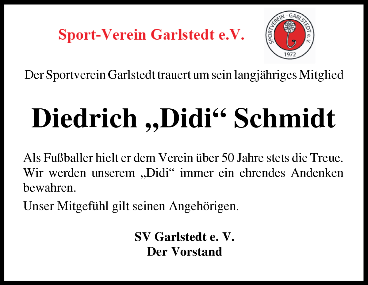 Traueranzeige von Diedrich Schmidt von Osterholzer Kreisblatt