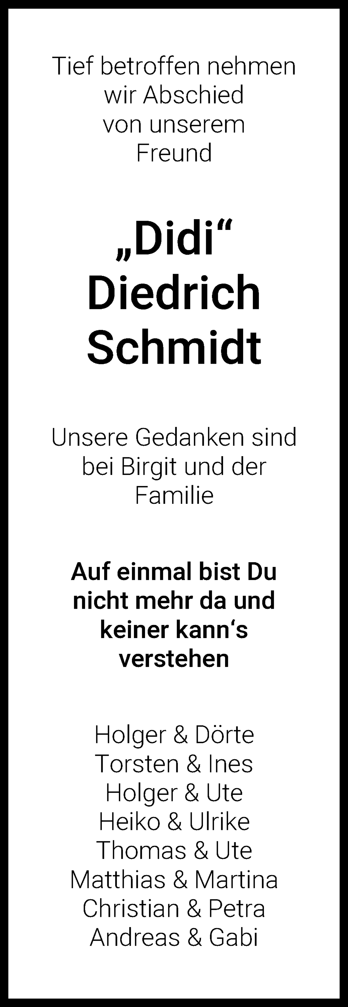 Traueranzeige von Diedrich Schmidt von Osterholzer Kreisblatt