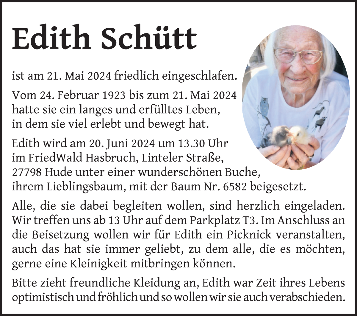 Traueranzeige von Edith Schütt von WESER-KURIER