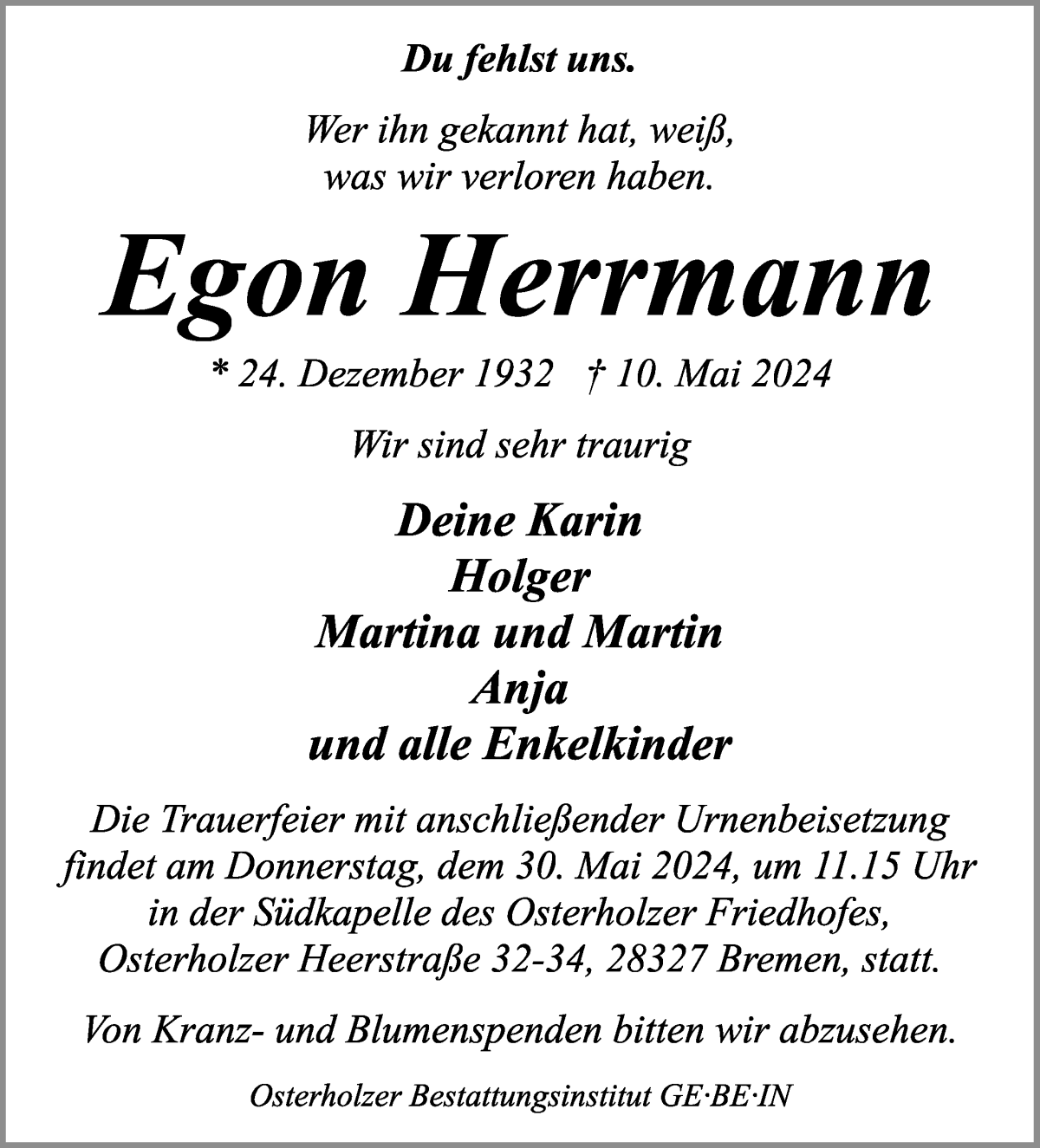 Traueranzeige von Egon Herrmann von WESER-KURIER