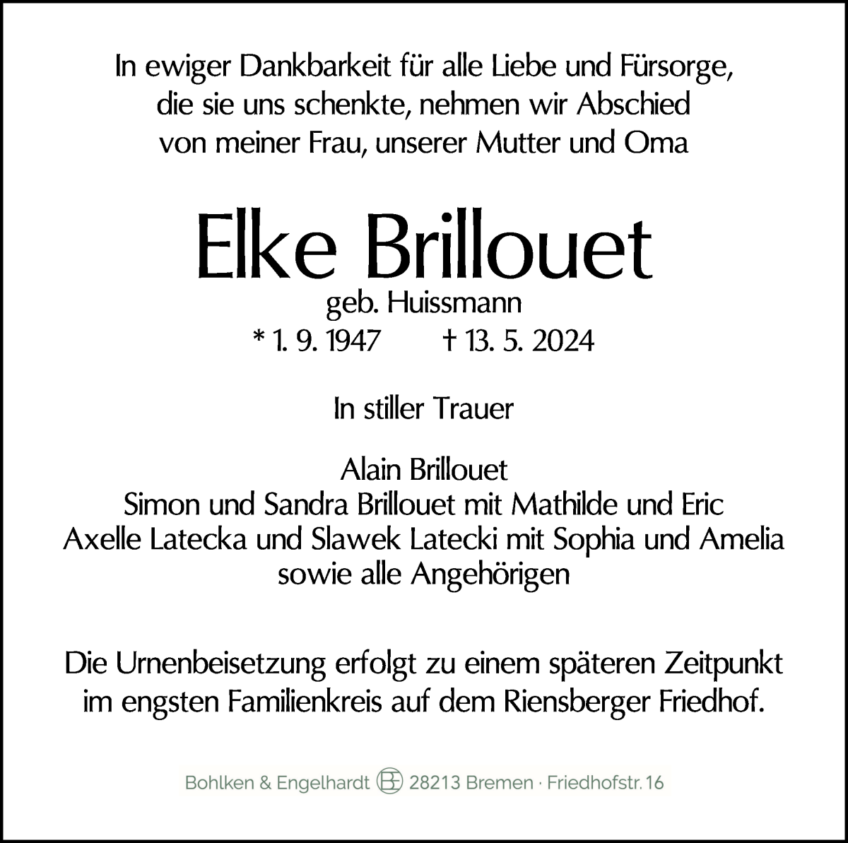 Traueranzeige von Elke Brillouet von WESER-KURIER