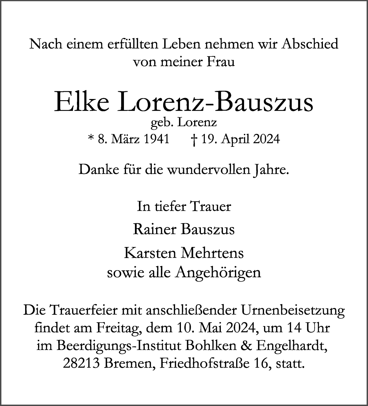 Traueranzeige von Elke Lorenz-Bauszus von WESER-KURIER