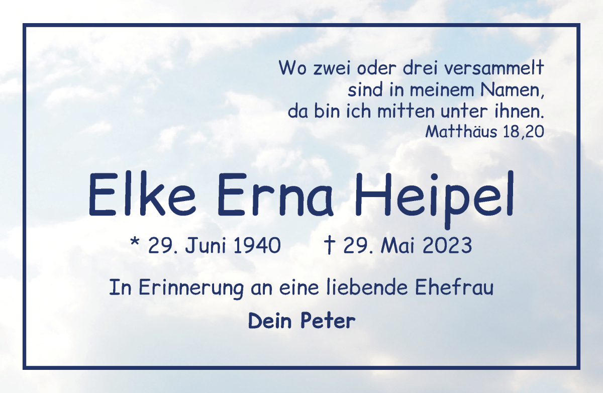 Traueranzeige von Elke Erna Heipel von Wuemme Zeitung