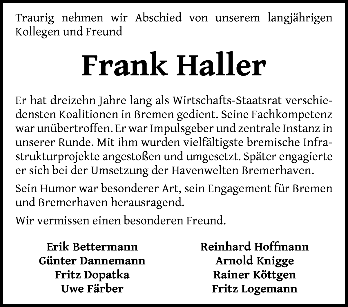 Traueranzeige von Frank Haller von WESER-KURIER