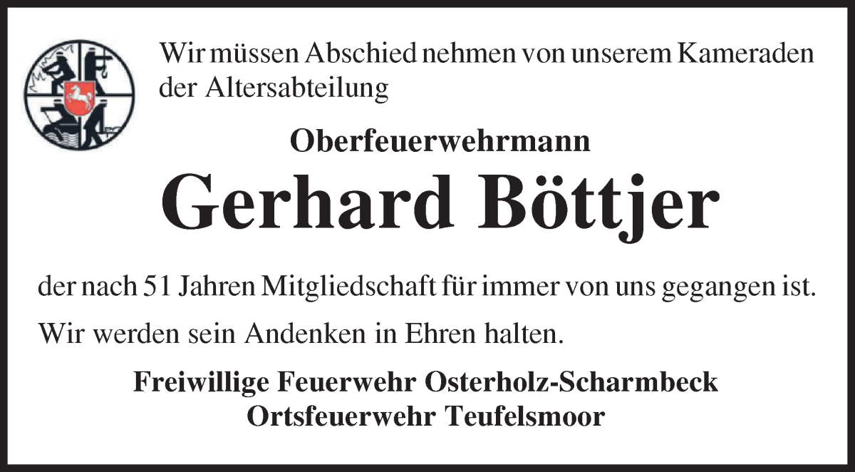 Traueranzeige von Gerhard Böttjer von Osterholzer Kreisblatt