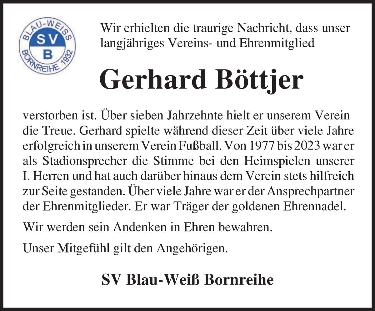 Traueranzeige von Gerhard Böttjer von Osterholzer Kreisblatt