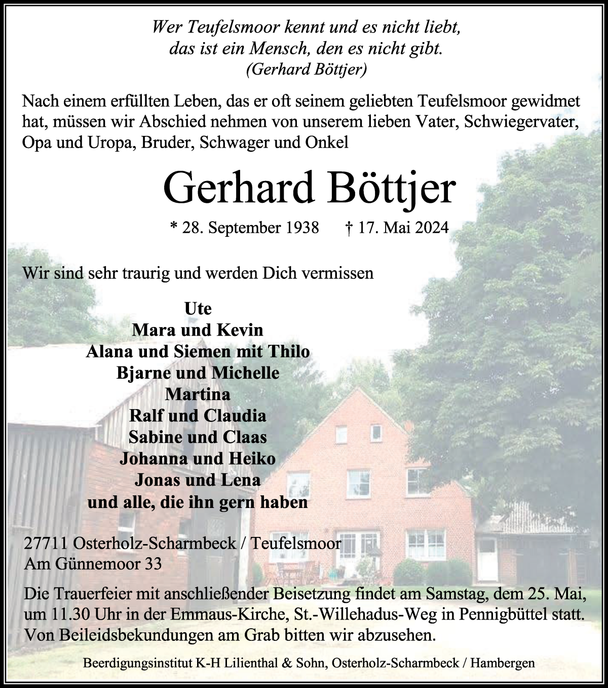 Traueranzeige von Gerhard Böttjer von Osterholzer Kreisblatt