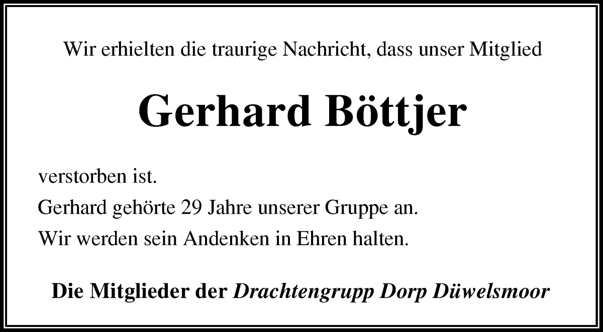 Traueranzeige von Gerhard Böttjer von Osterholzer Kreisblatt
