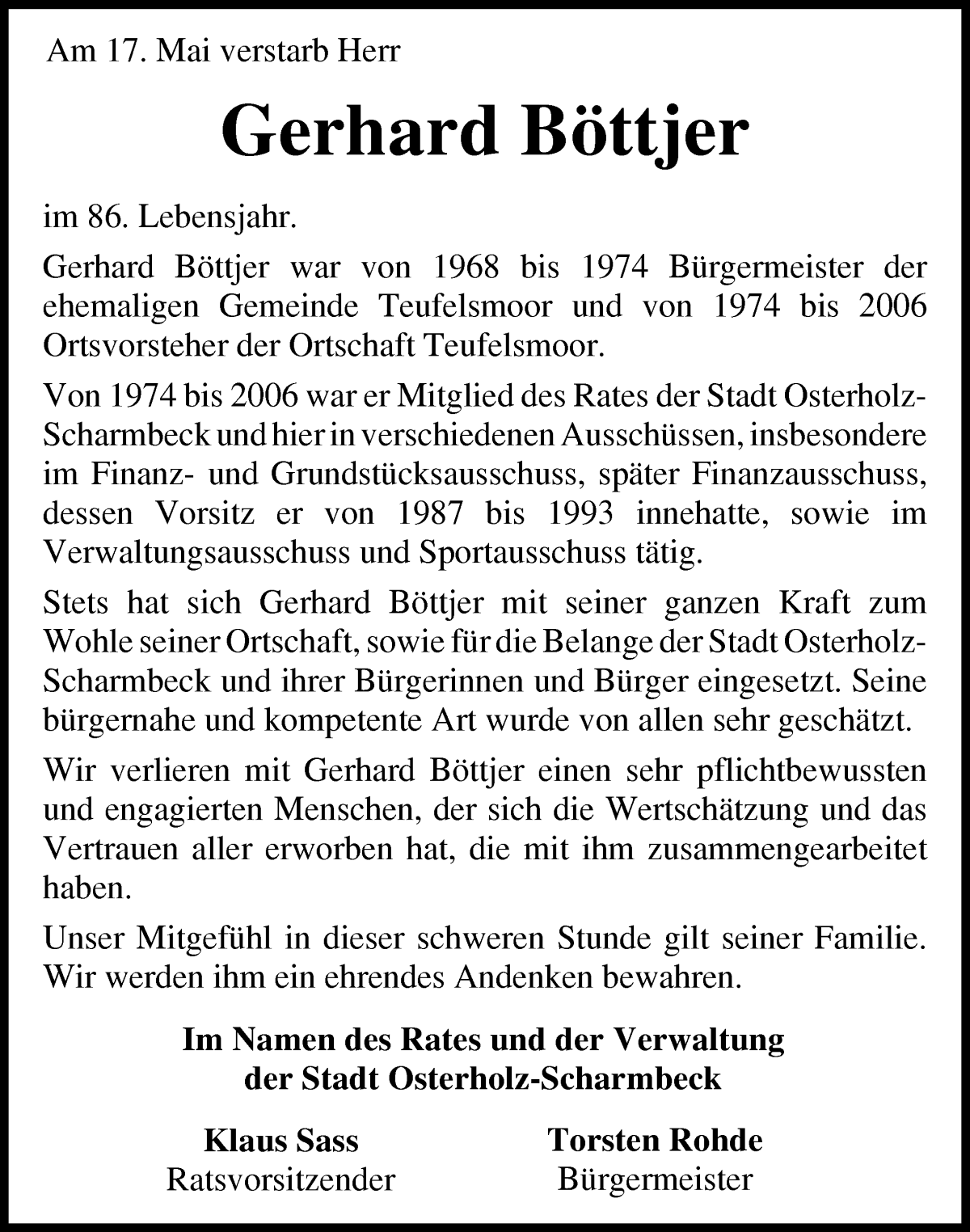Traueranzeige von Gerhard Böttjer von Osterholzer Kreisblatt