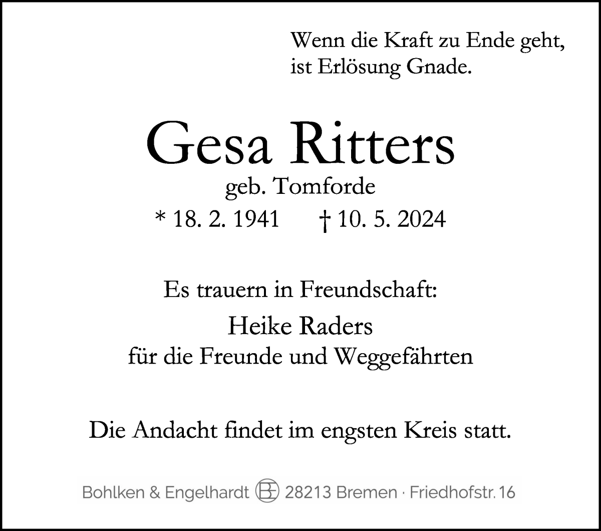 Traueranzeige von Gesa Ritters von WESER-KURIER