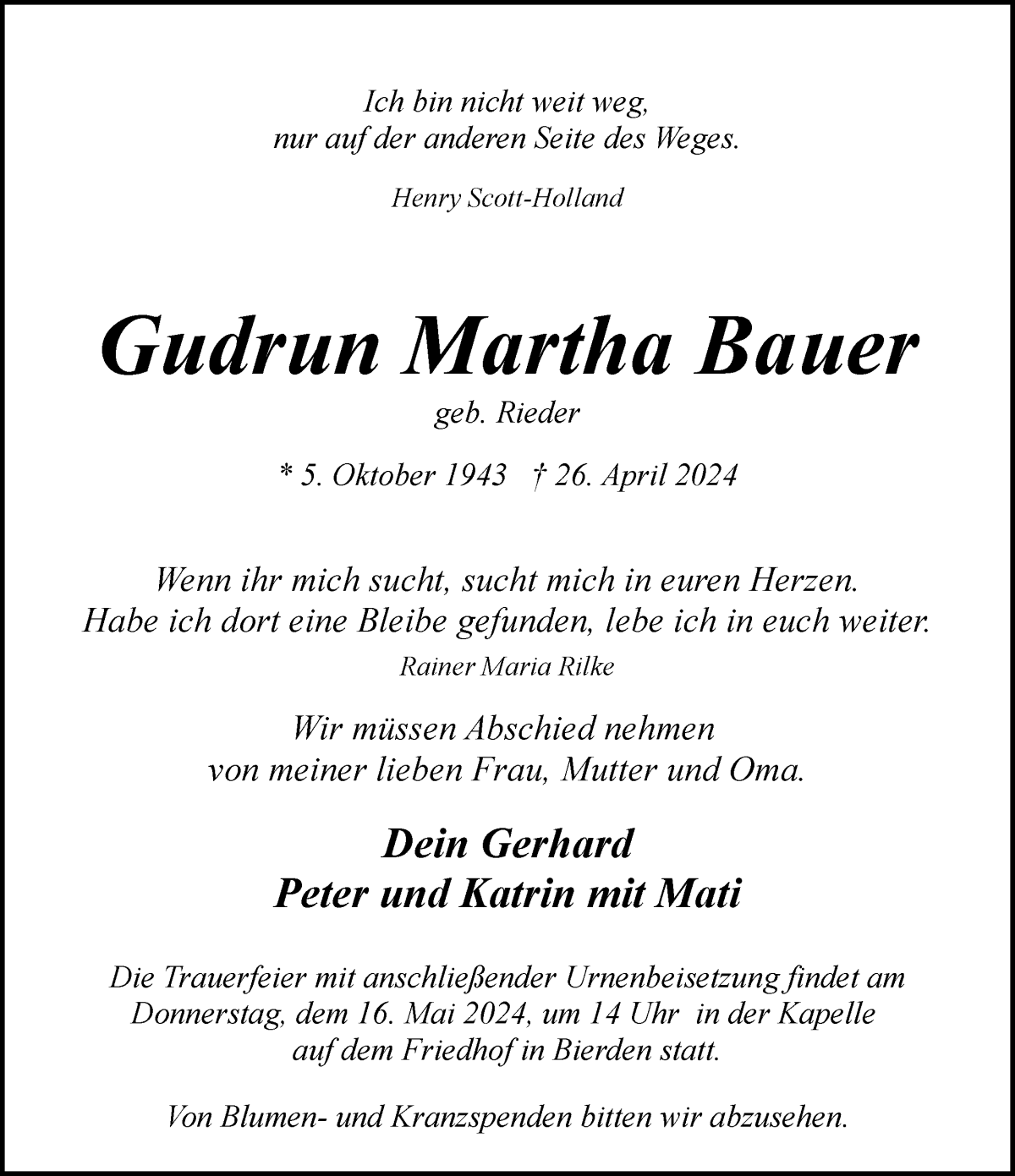 Traueranzeige von Gudrun Martha Bauer von Achimer Kurier/Verdener Nachrichten