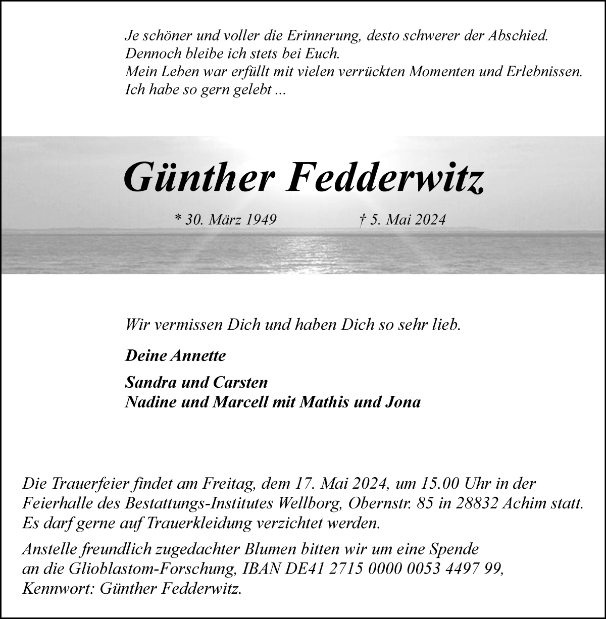 Traueranzeige von Günther Fedderwitz von WESER-KURIER