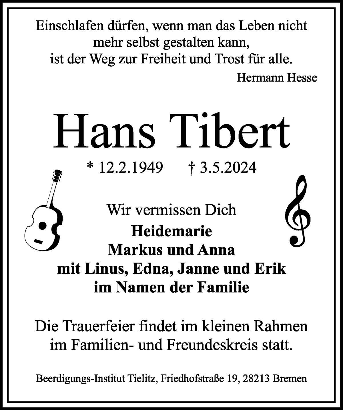Traueranzeige von Hans Tibert von WESER-KURIER