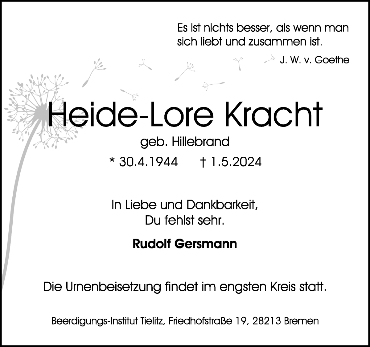 Traueranzeige von Heide-Lore Kracht von WESER-KURIER
