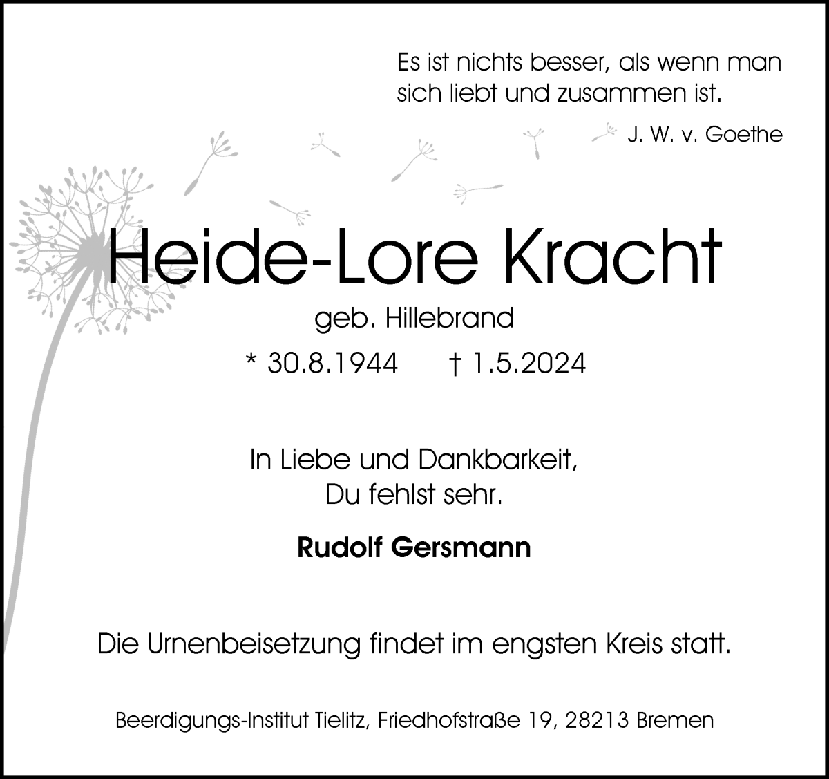Traueranzeige von Heide-Lore Kracht von WESER-KURIER