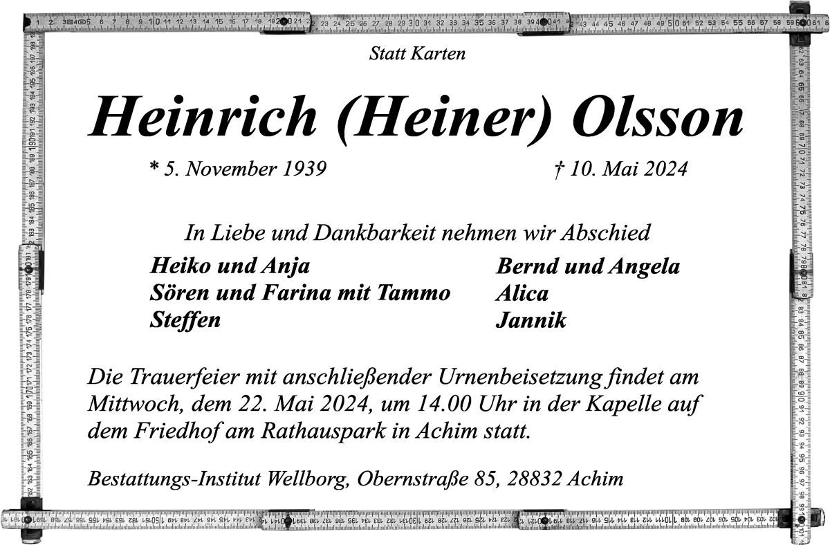 Traueranzeige von Heinrich Olsson von Achimer Kurier/Verdener Nachrichten
