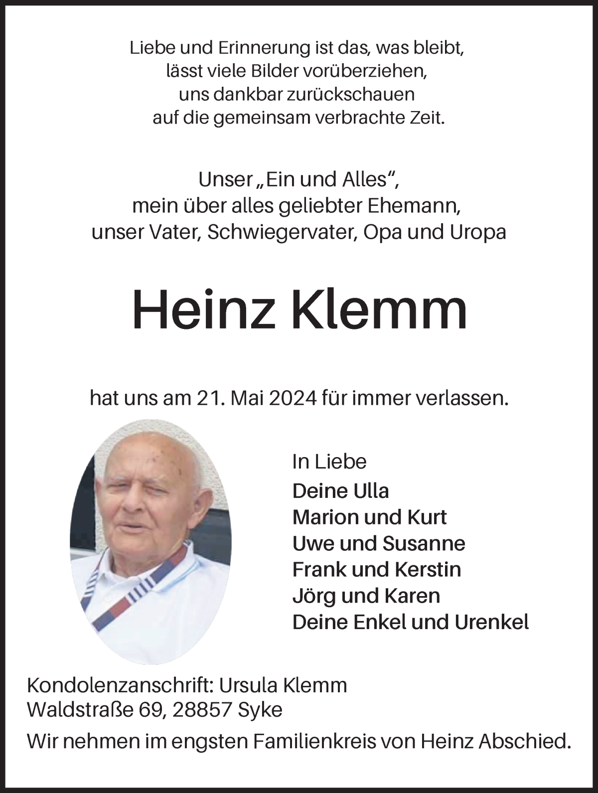 Traueranzeige von Heinz Klemm von WESER-KURIER