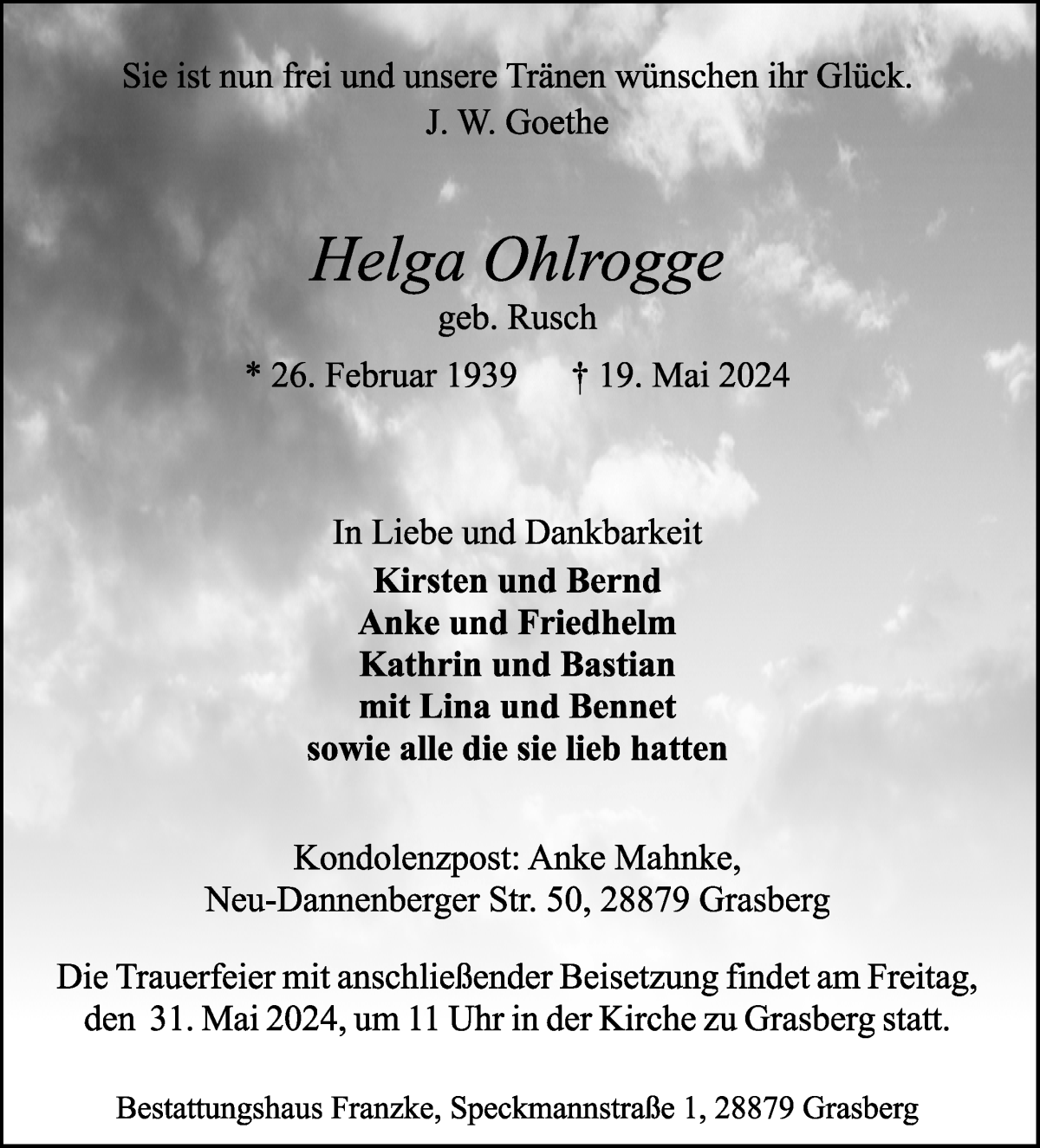 Traueranzeige von Helga Ohlrogge von Wuemme Zeitung