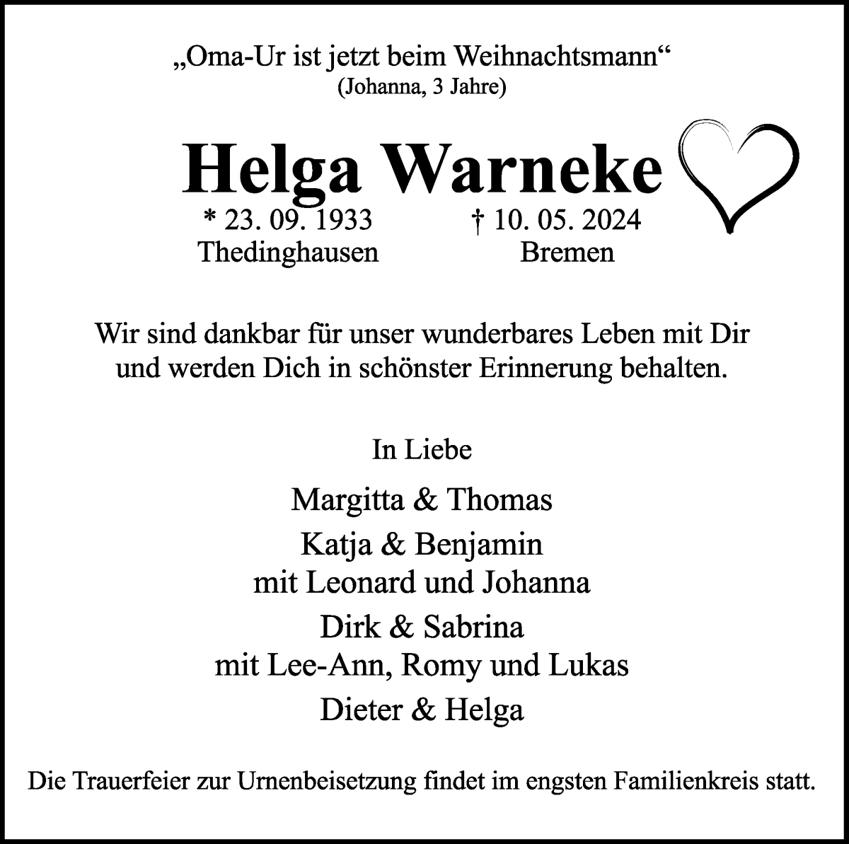 Traueranzeige von Helga Warneke von WESER-KURIER