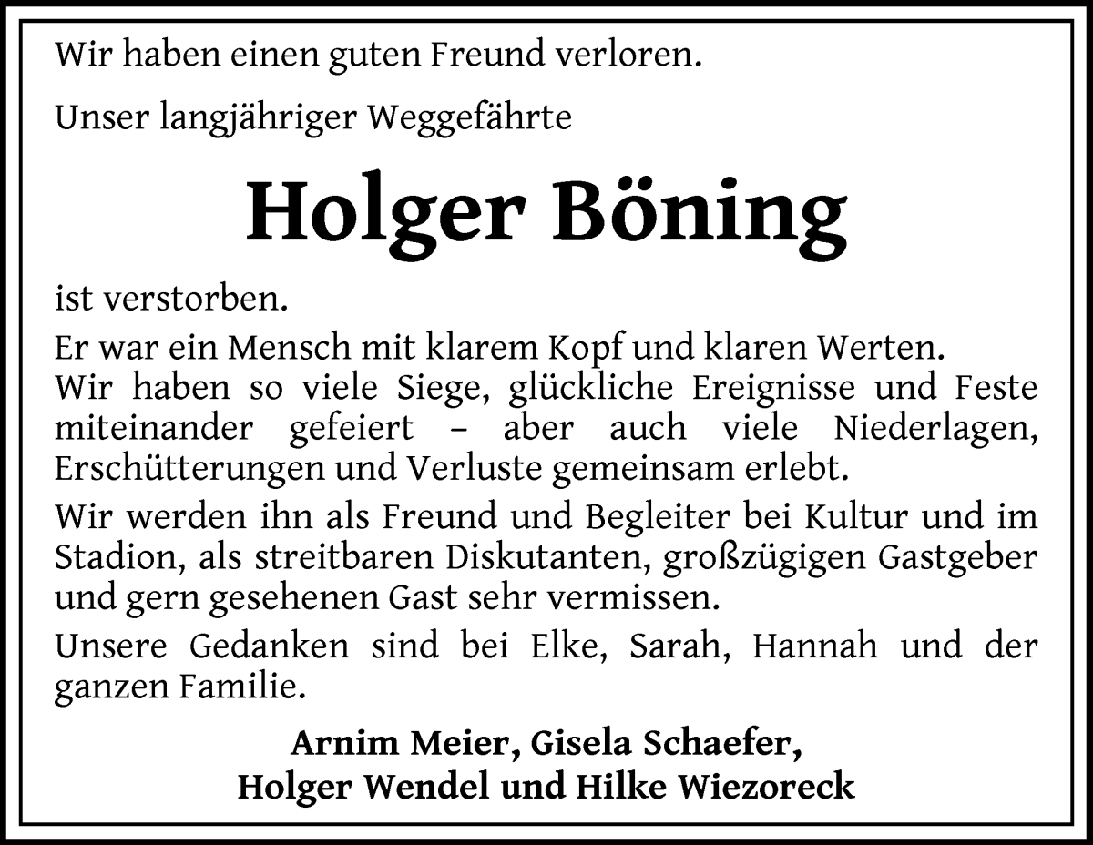 Traueranzeige von Holger Böning von WESER-KURIER
