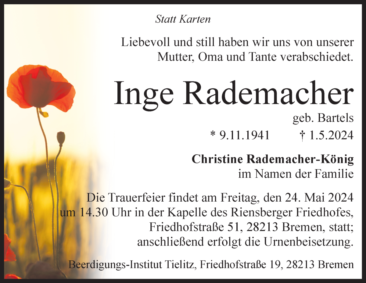 Traueranzeige von Inge Rademacher von WESER-KURIER
