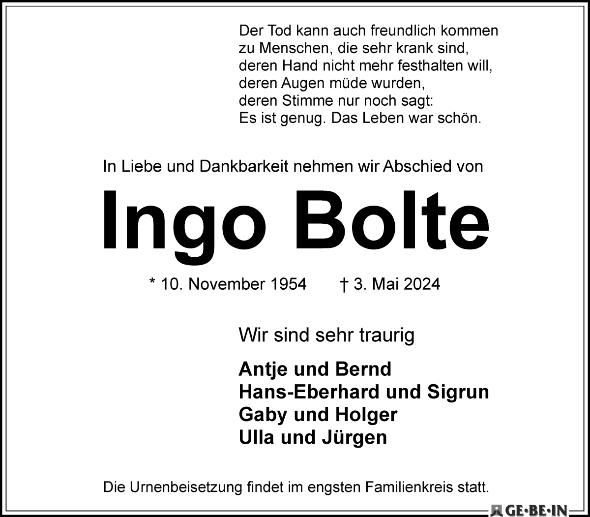 Traueranzeige von Ingo Bolte von WESER-KURIER