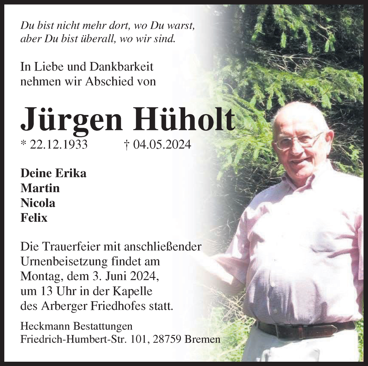 Traueranzeige von Jürgen Hüholt von WESER-KURIER