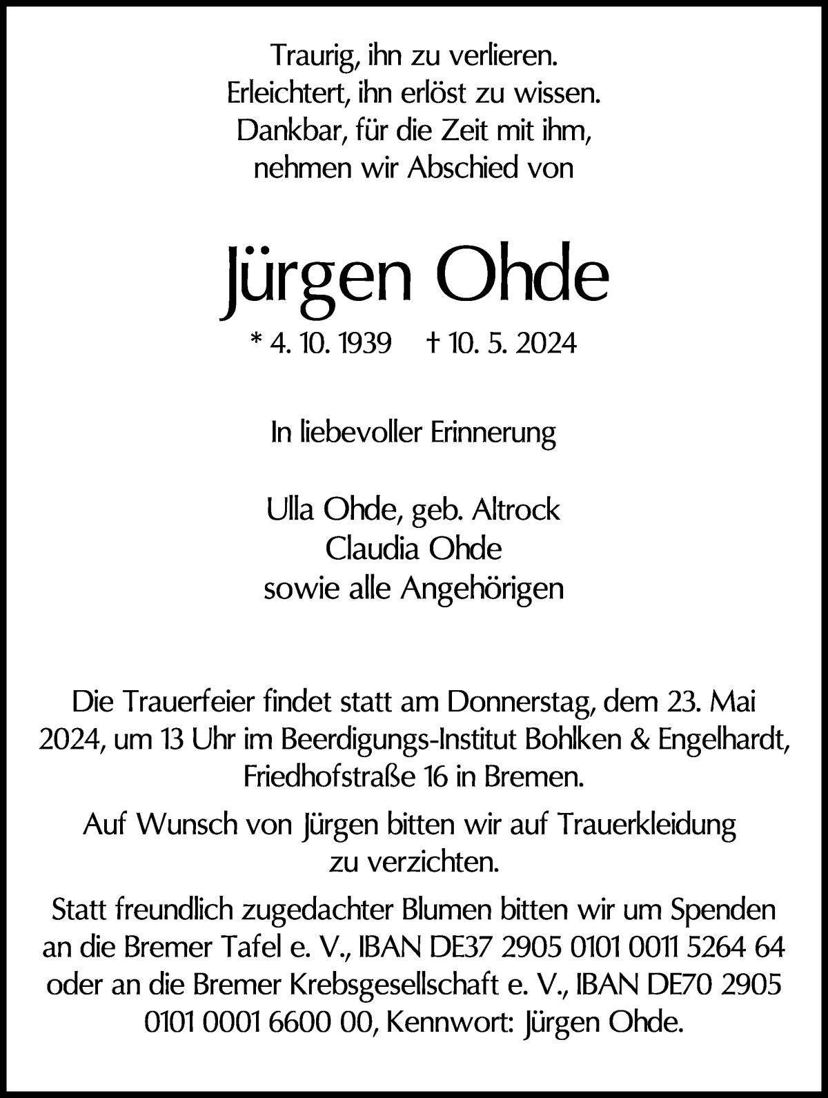 Traueranzeige von Jürgen Ohde von WESER-KURIER