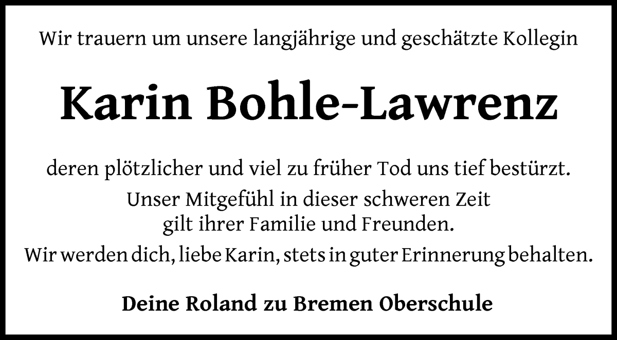 Traueranzeige von Karin Bohle-Lawrenz von WESER-KURIER
