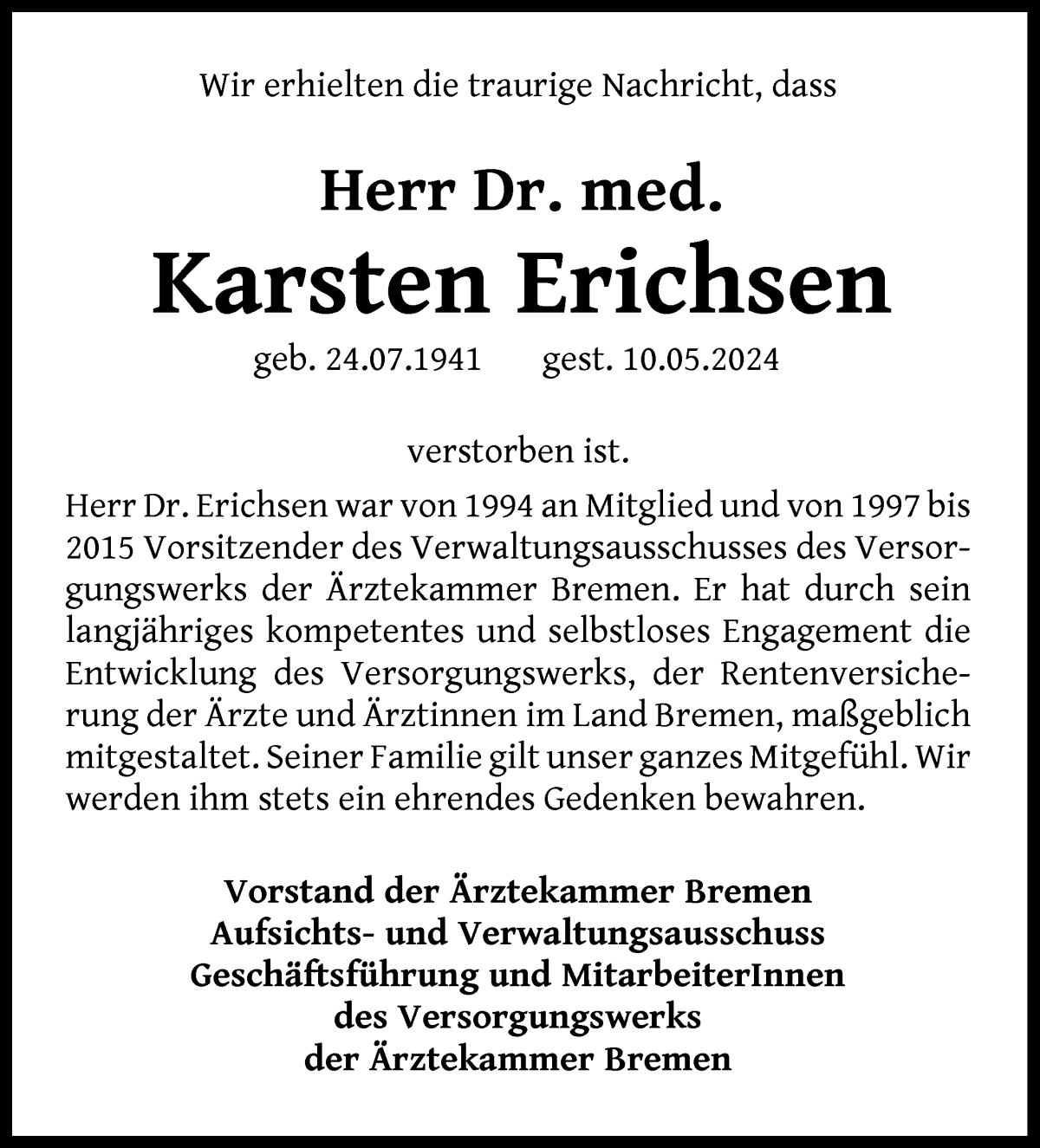 Traueranzeige von Karsten Erichsen von WESER-KURIER