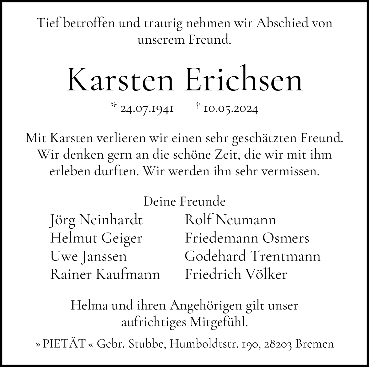 Traueranzeige von Karsten Erichsen von WESER-KURIER