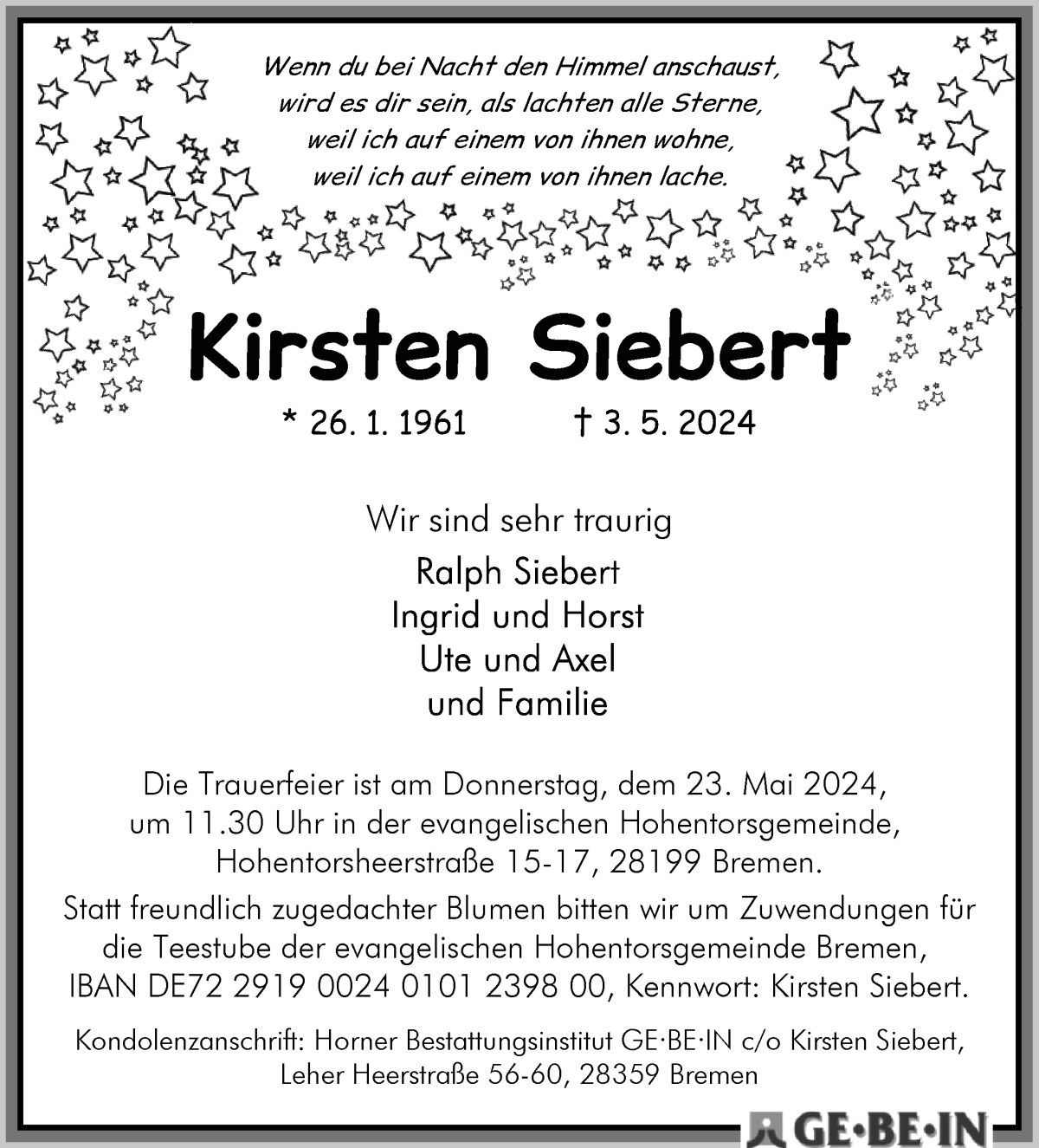 Traueranzeige von Kirsten Siebert von WESER-KURIER