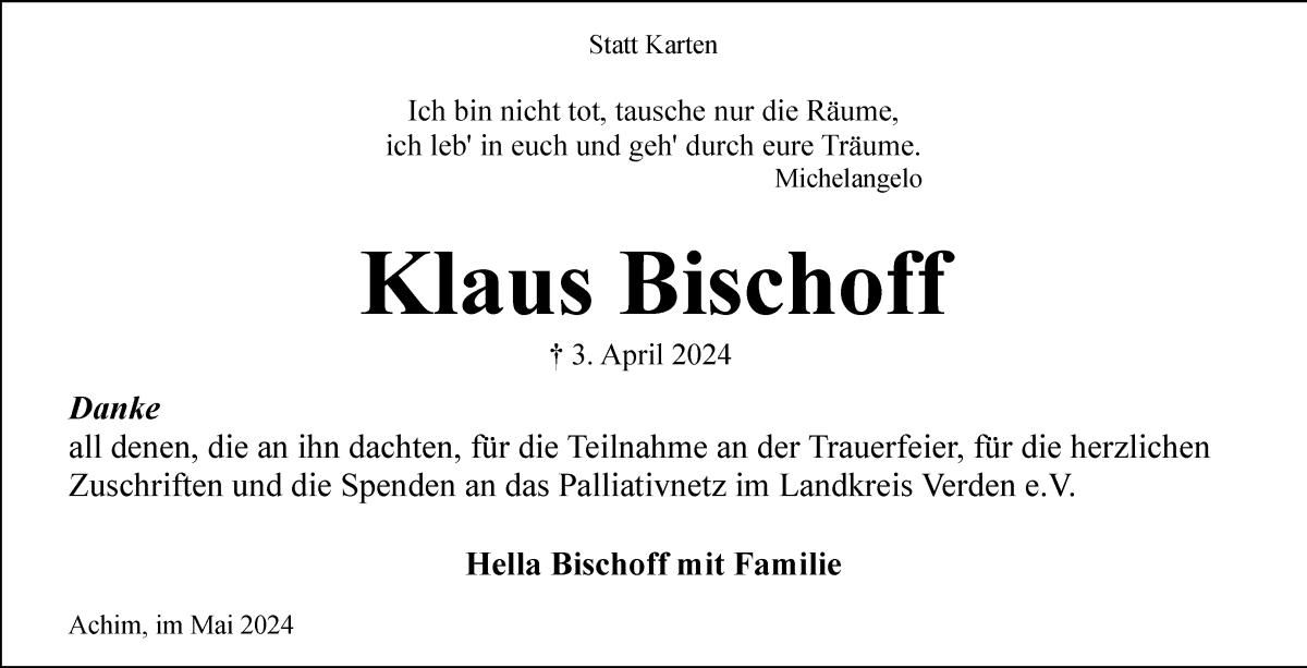 Traueranzeige von Klaus Bischoff von Achimer Kurier/Verdener Nachrichten
