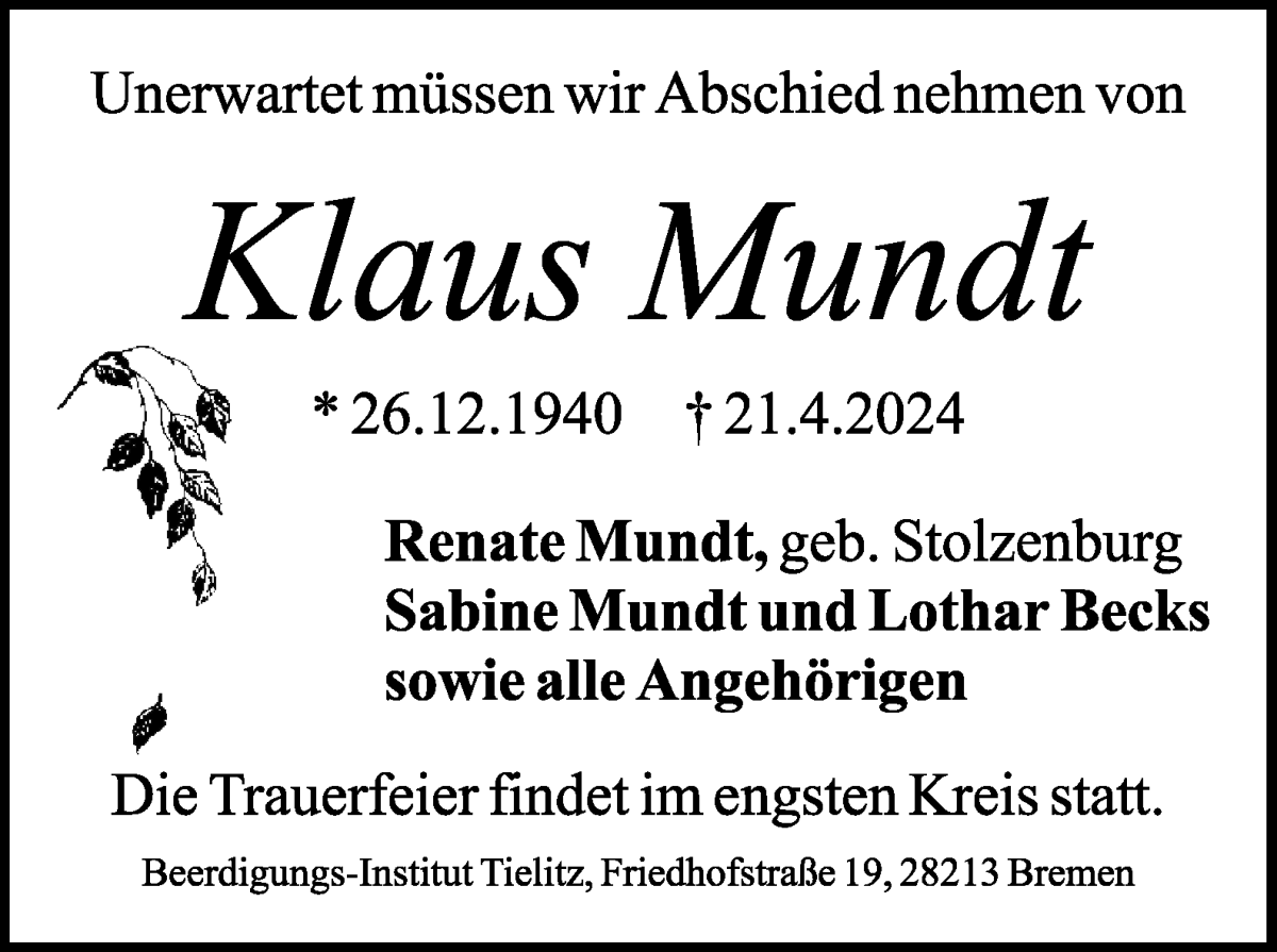 Traueranzeige von Klaus Mundt von WESER-KURIER