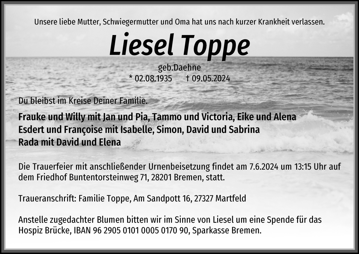 Traueranzeige von Liesel Toppe von WESER-KURIER