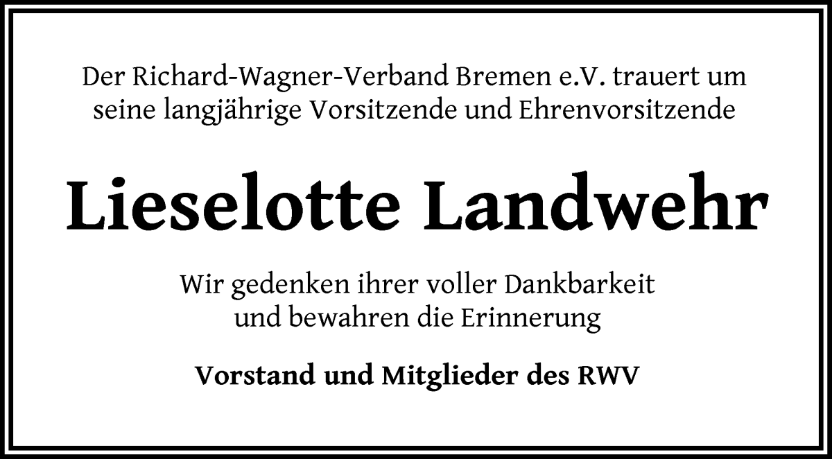 Traueranzeige von Lieselotte Landwehr von WESER-KURIER