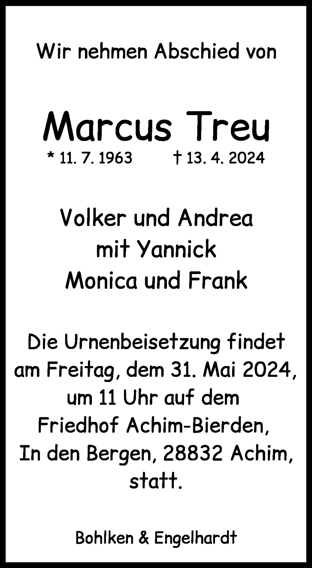 Traueranzeige von Marcus Treu von WESER-KURIER