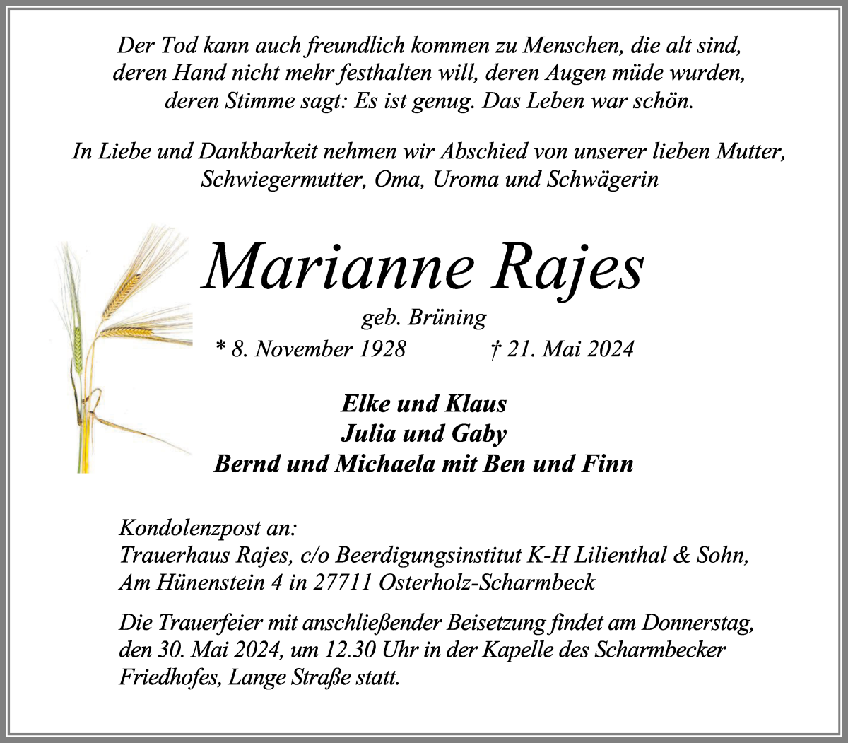 Traueranzeige von Marianne Rajes von Osterholzer Kreisblatt