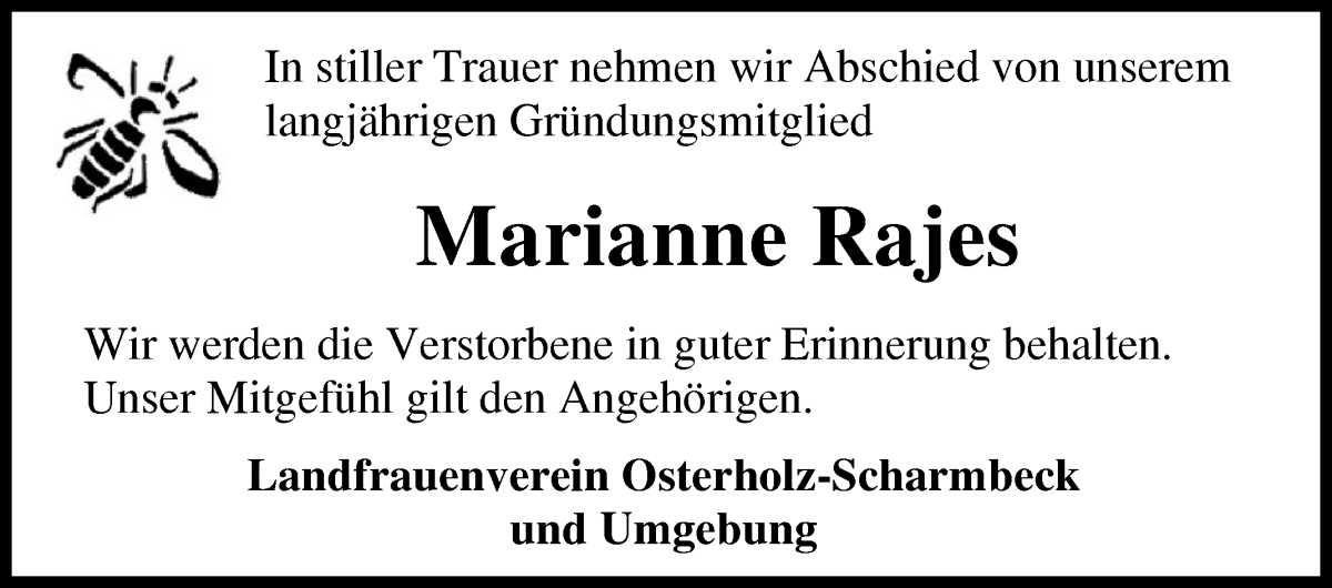 Traueranzeige von Marianne Rajes von Osterholzer Kreisblatt