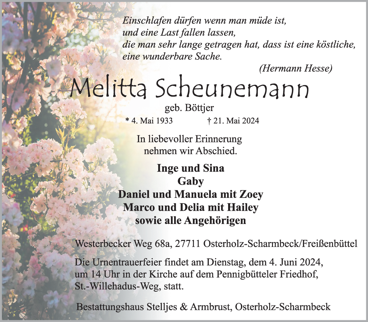 Traueranzeige von Melitta Scheunemann von Osterholzer Kreisblatt