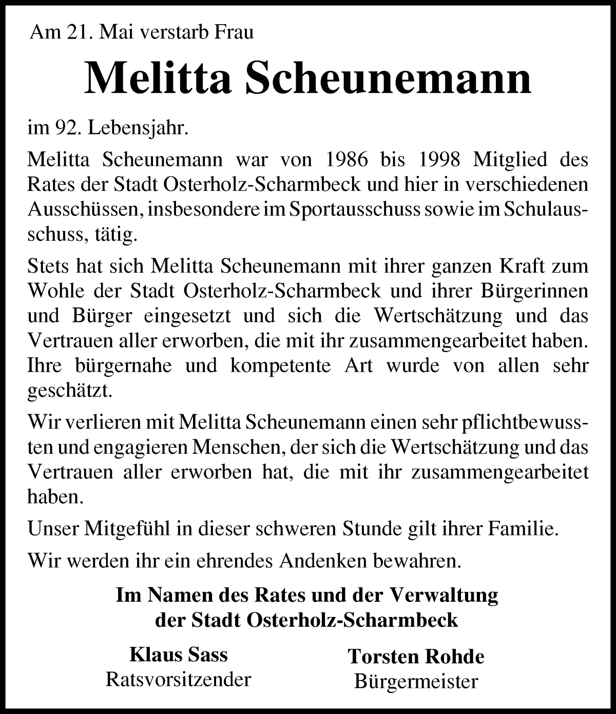 Traueranzeige von Melitta Scheunemann von Osterholzer Kreisblatt