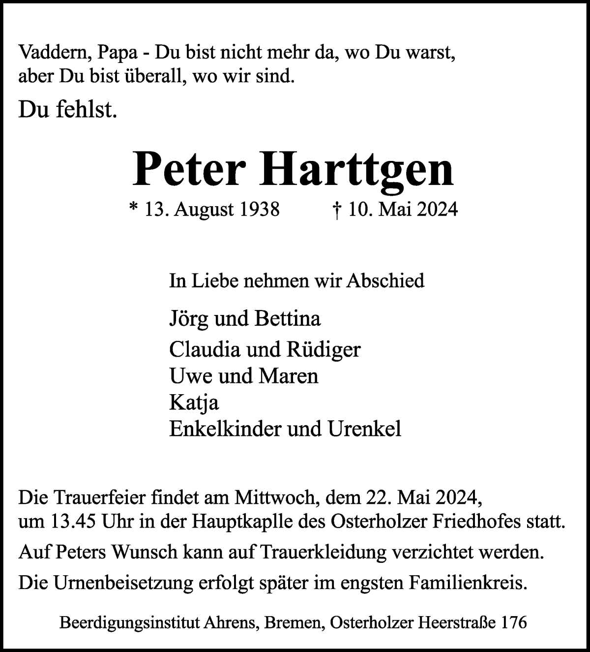 Traueranzeige von Peter Harttgen von WESER-KURIER