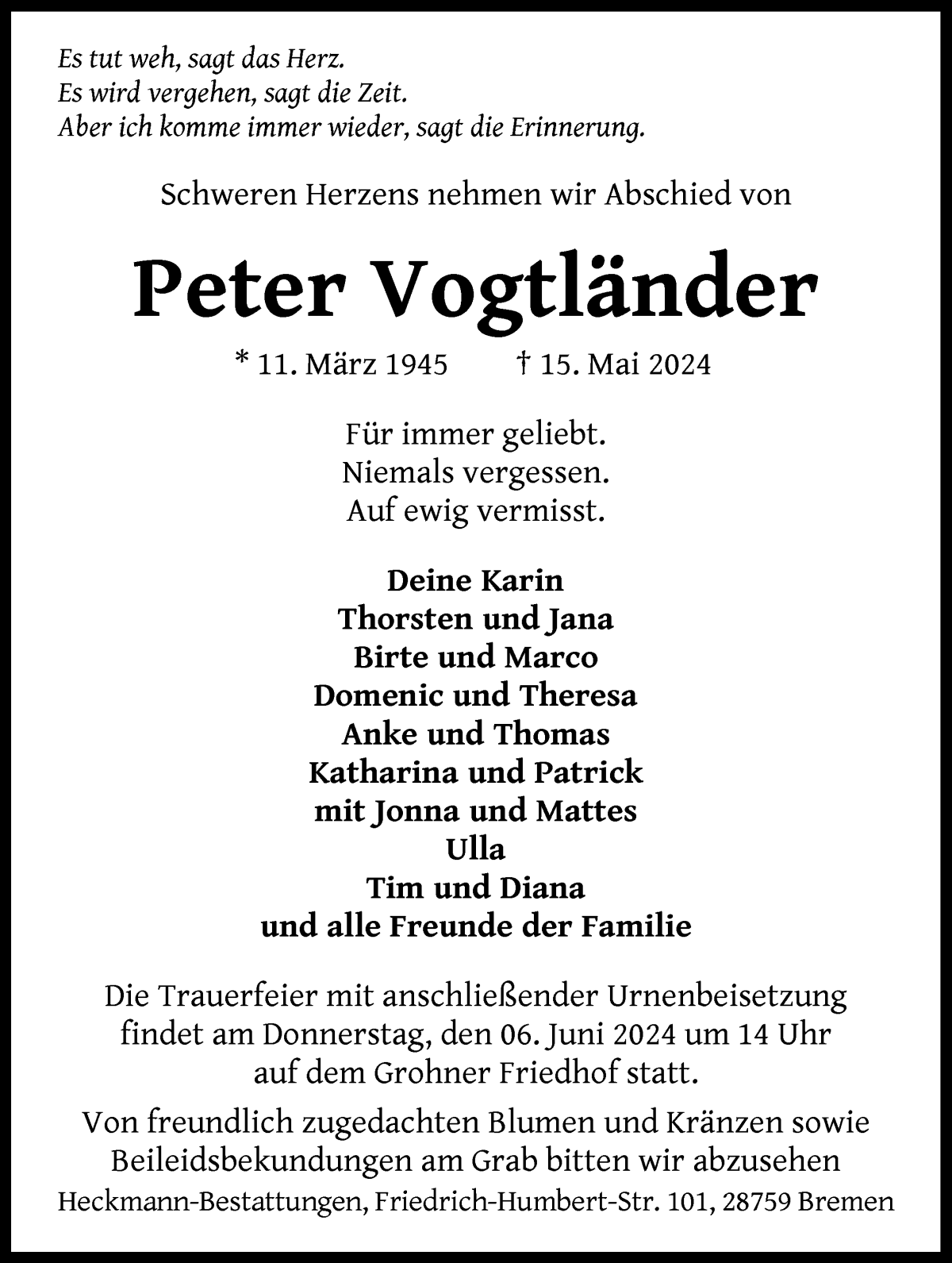 Traueranzeige von Peter Vogtländer von Die Norddeutsche