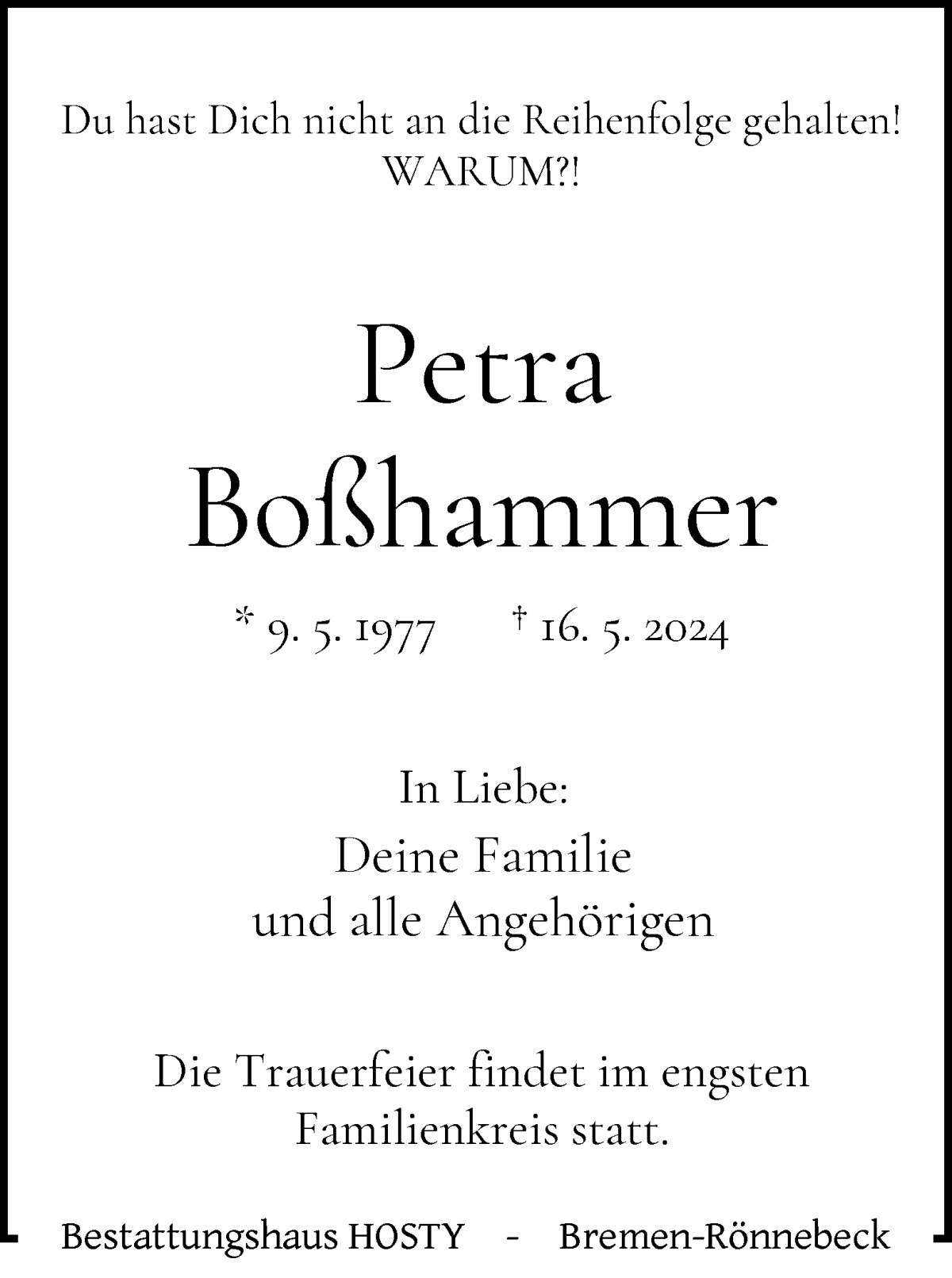 Traueranzeige von Petra Boßhammer von WESER-KURIER