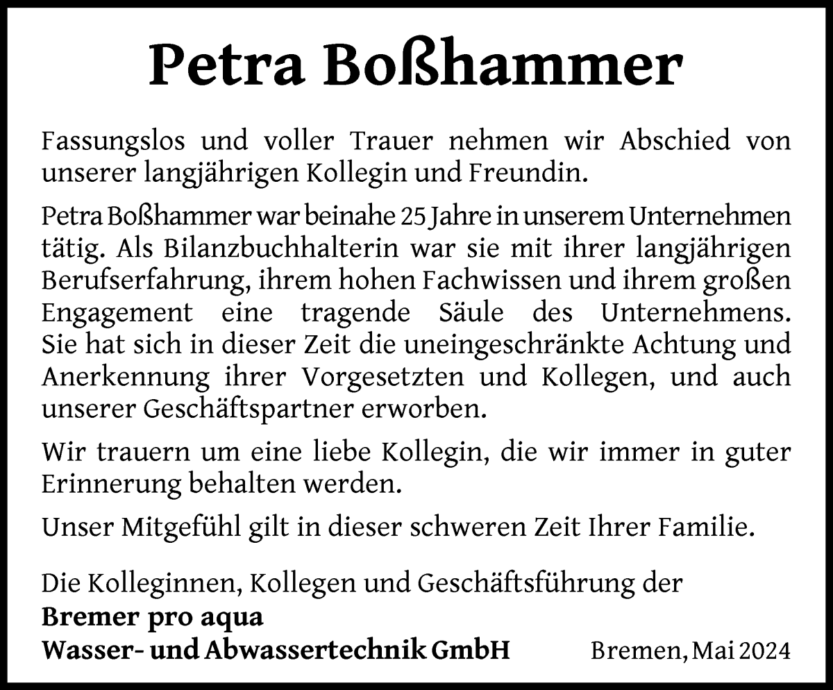 Traueranzeige von Petra Boßhammer von WESER-KURIER