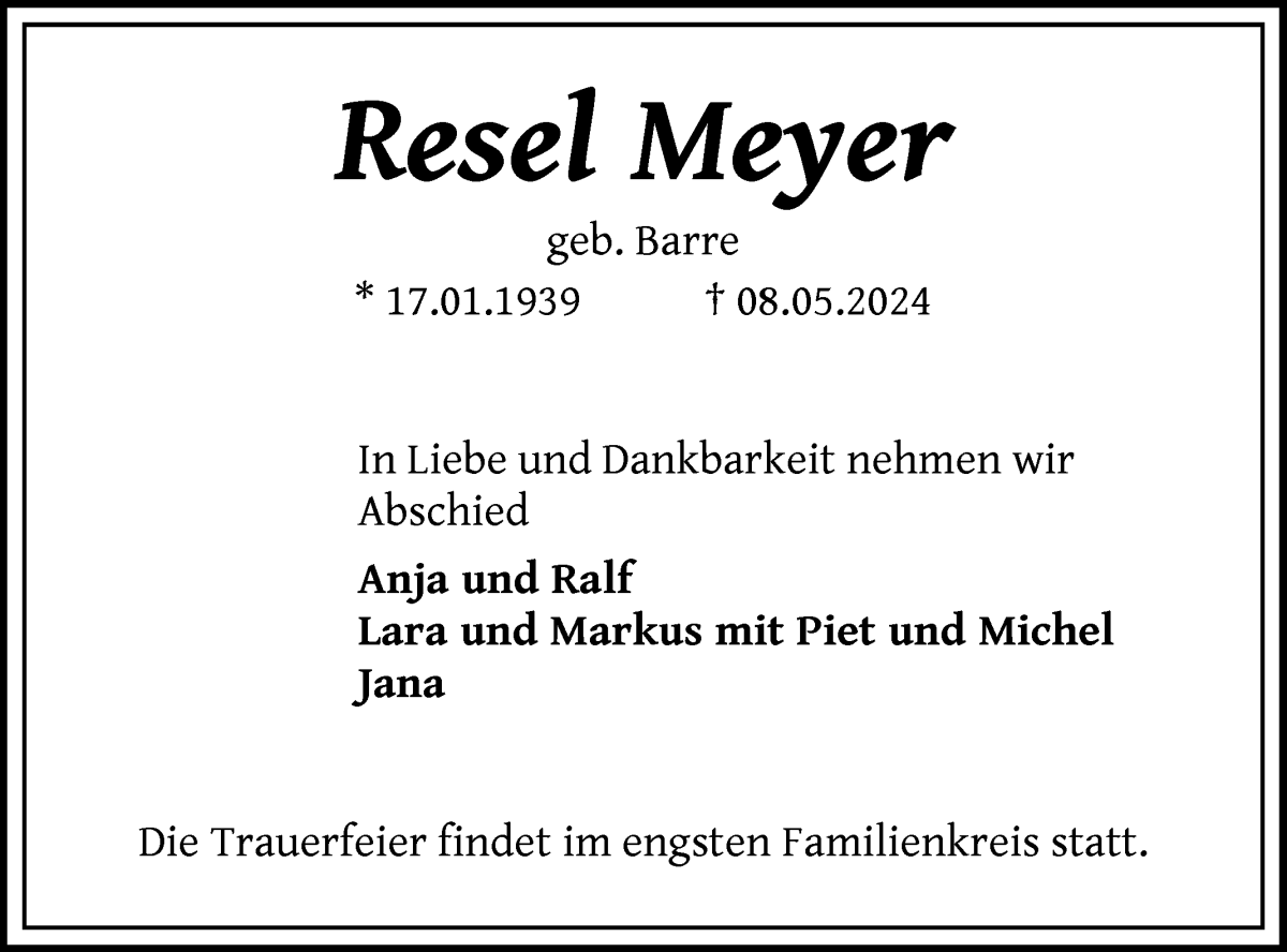 Traueranzeige von Resel Meyer von WESER-KURIER