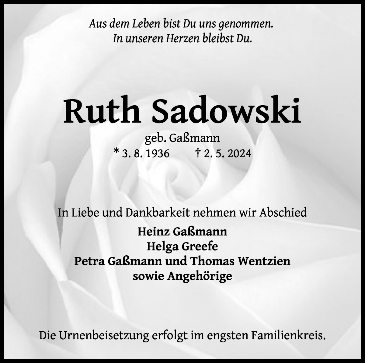 Traueranzeige von Ruth Sadowski von WESER-KURIER