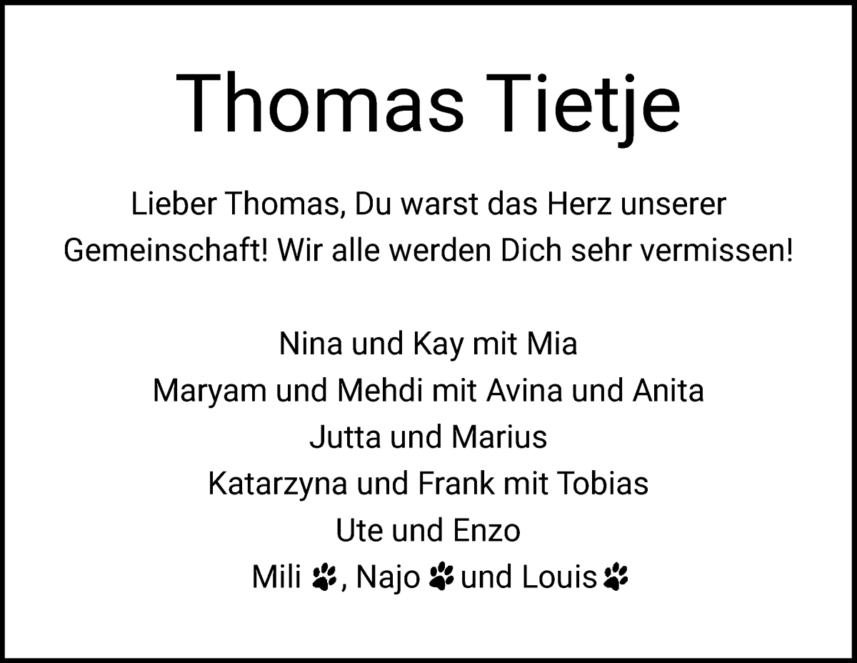 Traueranzeige von Thomas Tietje von WESER-KURIER